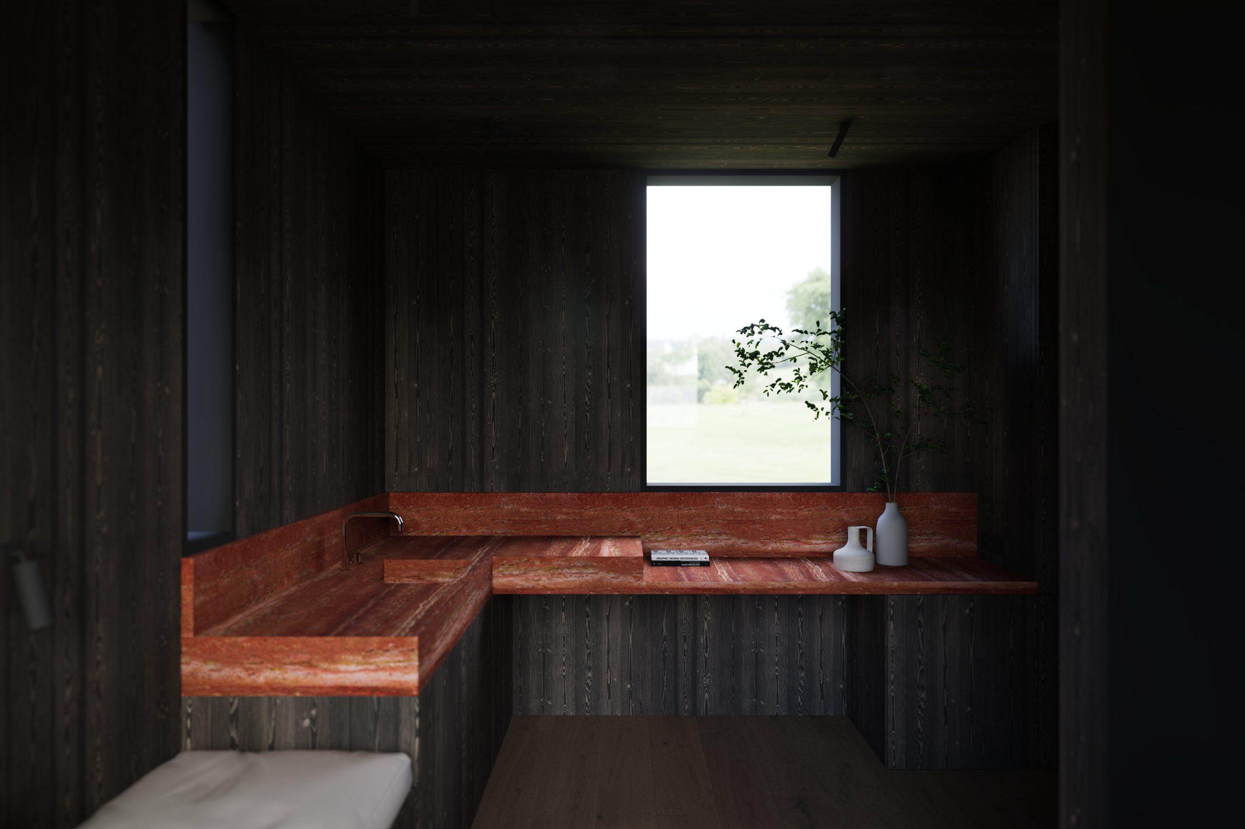 Baigal — lavabo en zitbank in gezwart hout