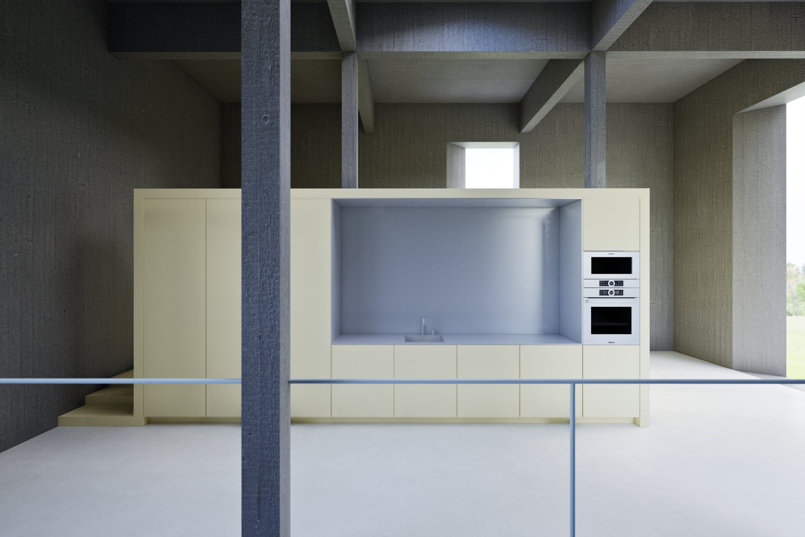 Shar — keuken in geel mortex binnen het betonnen casco